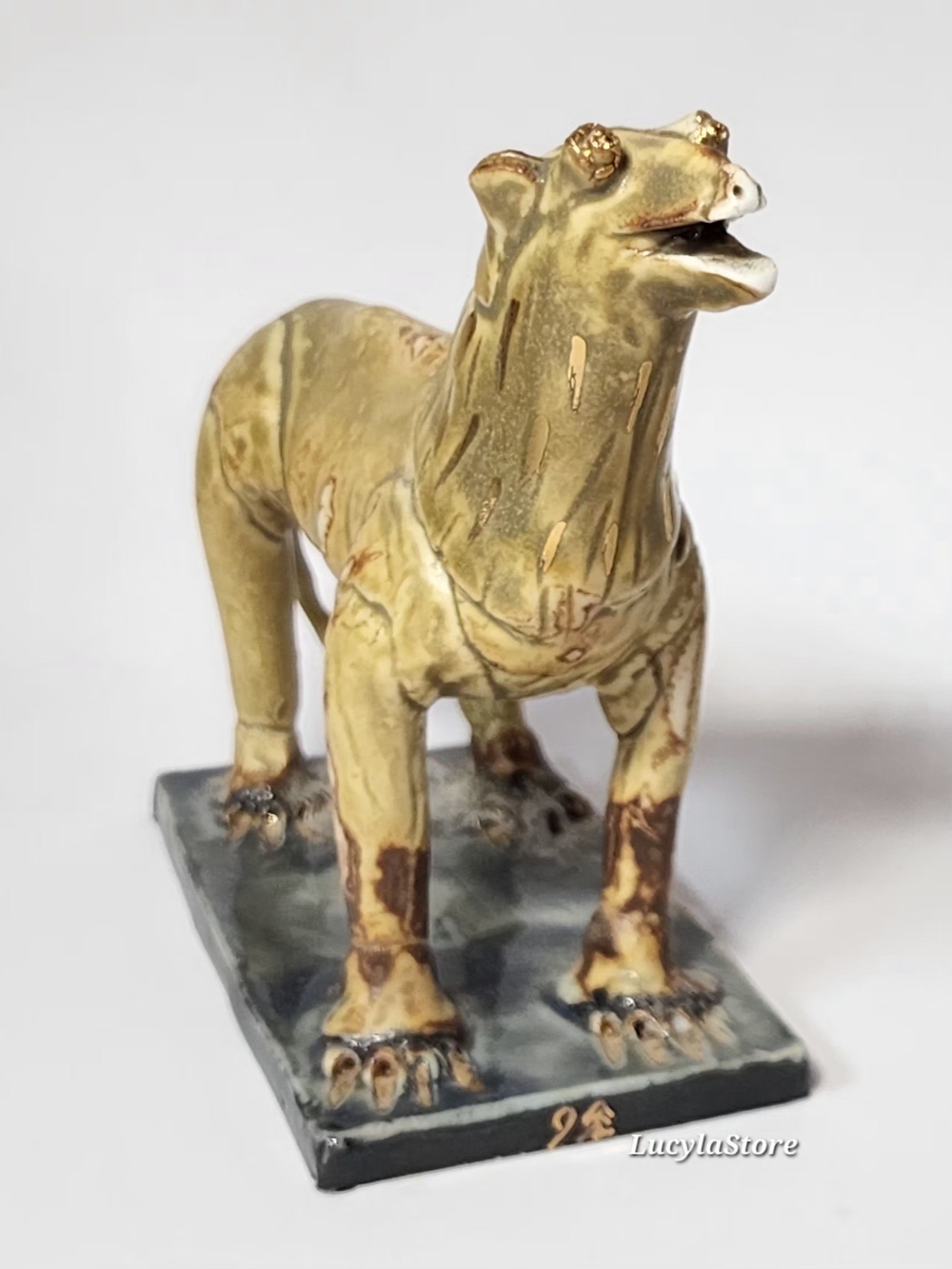 Vintage Hand-Painted Glazed Mythological Beast Figurine Qilin Guardian Gold Mark